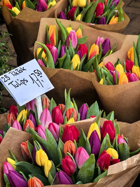 Multiple bouquets of fresh tulips in vibrant shades of pink, purple, yellow, and orange, wrapped in brown kraft paper, are displayed on a market table. Each bouquet contains tightly packed, healthy st