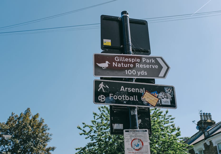 A black directional street signpost against a clear blue sky, featuring three signs: the top sign indicates Gillespie Park Nature Reserve is 100 yards away; the middle sign points to Arsenal Football