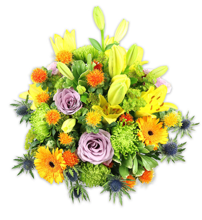 This abundant, mounded arrangement sits against a stark white field so every colour and texture reads clearly: radiant yellow Asiatic lilies reach upward, some petals fully open and speckled while other buds remain elongated and expectant, creating a vertical punctuation that suggests growth and celebration. Two or three soft lavender roses are placed centrally, their velvety spirals offering a cool, romantic focal point amid the energetic hues. Generous orange Gerbera daisies, with their sunburst petals and deeper centres, scatter warmth across the composition, while rounded lime-green button chrysanthemums build lush, tactile density like cushions of foliage. Small, globe-like orange and golden-yellow accents add lively, spiky interest, catching light at different angles and encouraging close inspection of form. Indigo-blue Eryngium thistles emerge from the lower and lateral edges, their metallic, star-shaped bracts introducing a striking cool counterpoint to the bouquet's otherwise warm palette. A layered mix of glossy and textured greens-broad lily leaves, narrow runners, and feathery fillers-creates depth and frames the design, unifying disparate shapes into a single, cohesive statement. The lighting is soft and neutral, highlighting the lilies' translucent petals and the roses' powdery mauve while preserving the saturated warmth of the orange blooms. Imagined for a floral centrepiece on a Highbury table after a walk through Highbury Fields or a thoughtful gift for someone living near Canonbury, the composition reads as joyful, comforting, and carefully considered-an arrangement equally suited to birthday congratulations, heartfelt thanks, or quiet remembrance.