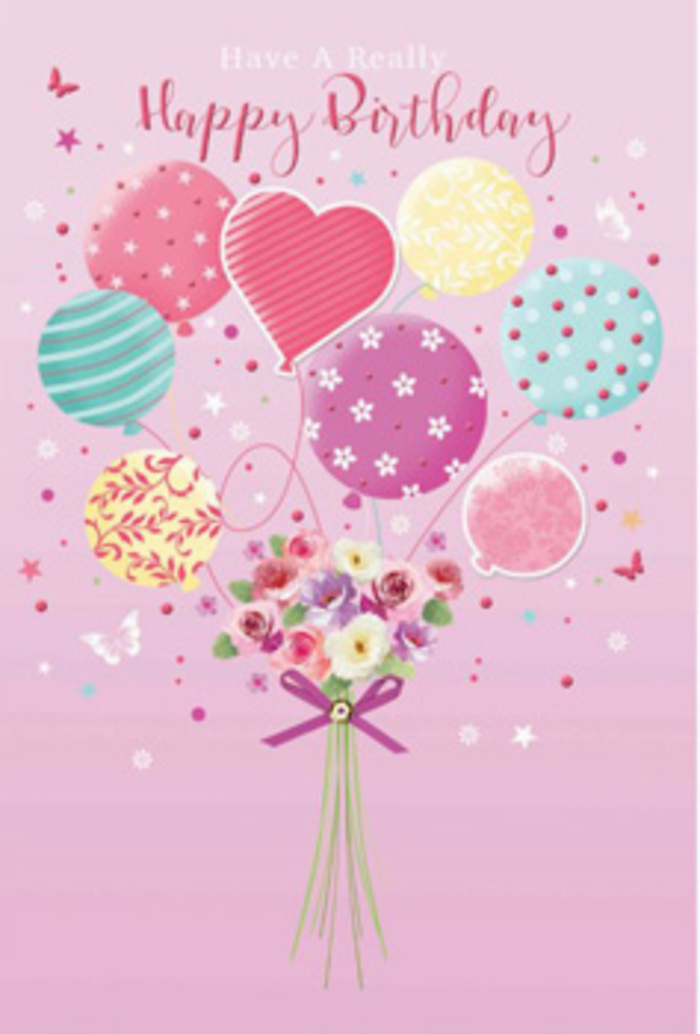 This birthday card artwork presents a light and uplifting scene: a graceful bouquet seemingly tethered to a cluster of pastel balloons, as though a small garden were gently floating above Highbury Fields. The backdrop is a soft, rosy pink that fills the space with warmth and a hint of nostalgia, similar to the calm colours often seen at dusk over the tree-lined streets near Highbury Barn. A bundle of balloons gathers at the top in shades of shell pink, soft aqua, buttery yellow, and pale lavender. Each balloon features a distinctive pattern-spiralling ribbons that twist in playful arcs, dainty polka dots scattered like confetti, and subtle florals and swirls suggesting a festive, joyful atmosphere. Shading and highlights give them a smooth, shiny texture, making them look lightly inflated and ready for a birthday surprise.
Suspended below this pastel canopy is a small, hand-tied bouquet, where delicate roses and daisy-like flowers cluster closely together. Their petals vary from creamy ivory to blush pink and muted mauve, with subtle shading that suggests velvety softness and depth, as if freshly arranged by a skilled florist preparing a birthday delivery along Highbury Corner or near Canonbury's quieter lanes. The slender green stems meet in a tidy bundle and are finished with a shimmering purple bow, the satin ribbon looping and curling elegantly. Around the composition, tiny stars and butterfly motifs drift lightly, adding a sense of motion and fairy-tale wonder, like birthday wishes carried on a gentle breeze. The overall feeling is of a carefully considered design that blends playfulness with refinement, perfectly suited to someone marking their birthday in a cosy Highbury flat, a local café, or after a leisurely walk across the nearby park.