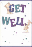 Joy radiates from the whimsical design of this get well card, as if inspired by the tranquil pathways meandering through Highbury Fields. At its centre, an irresistibly plush teddy bear and an eager puppy leap into action, each balancing bold, painterly letters that form a cheerful 'Get Well.' The letters' cool indigos and teals bring a soothing yet confident vibrancy, reminiscent of Highbury's springtime floral displays. Scattered above and around the characters, flickering stars in deep blue, lavender, and violet spark a sense of magic and gentle optimism-much like the mood in Florist Highbury's shop on a Monday morning. The illustrated fur, rendered with such skilled brushwork that one can almost feel its softness, conjures up the comfort of a warm embrace or the bright scent of a fresh bouquet. With its uplifting imagery and tactile textures, the card serves as more than just a message: it's a heartfelt gesture of compassion, perfect for buoying the spirits of anyone recovering in our Highbury community.