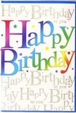 There is a feeling of immediate joy to this birthday card, the way there is when you first catch sight of colourful bunting along a Highbury side street. The central message, Happy Birthday, runs boldly across the front in large, welcoming letters, each one filled with a different jewel-bright colour. The hues progress in a smooth gradient from deep, ripe red through orange and radiant yellow, into lively spring green, then glide into cool teal and rich amethyst, as if someone had brushed a rainbow lightly over the text. The letters appear slightly raised and glossy, suggesting a silky, tactile finish that would feel pleasant under your fingertips. In the background, fine lines of golden script drift gracefully across the card, with the phrase Happy Birthday to you repeated in looping, cursive handwriting. The metallic ink shimmers softly rather than glaring, reminiscent of evening light on the paths of Highbury Fields. This script forms a gentle, decorative pattern, like a constant echo of well-wishes behind the main greeting. Tiny flecks of glitter-like sparkle glint here and there, hinting at confetti tossed in the air during a celebration. The design as a whole balances buoyant colour with sophisticated detail, much as a carefully arranged Highbury bouquet combines bright blooms with delicate foliage. It's the kind of birthday card that feels right for someone you truly want to delight-visually expressive, yet tasteful and thoughtful, ready to be tucked beside fresh flowers and delivered to mark a day that deserves to be remembered.