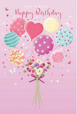 This gently festive birthday illustration shows a sweet bouquet and balloon arrangement that feels as if it could be carried along the paths of Highbury Fields on a bright spring morning. The background is a calm, blush pink wash, giving the entire image a warm, affectionate atmosphere. At the top, a cluster of pastel balloons gathers closely together in tones of pink, mint, buttery yellow, and lilac. Each balloon is uniquely decorated: some show swirling candy-coloured stripes, others are dotted with joyful polka dots, and one prominent heart-shaped balloon radiates warmth at the centre, like a visual symbol of affection. Soft highlights and shadows create a glossy sheen, making them appear light, smooth, and gently floating.
Below this airy cluster, a petite, hand-tied bouquet forms the grounding focal point. It is composed of tiny roses and anemone-like blooms in creamy ivory, soft blush, and dusky mauve, their petals layered delicately, with edges that seem feathery and almost touchable. The colours of the flowers mirror those of the balloons above, tying the composition together in a harmonious palette that feels very much at home in a stylish Highbury living room or café near Highbury & Islington. The stems are gathered neatly and wrapped with a violet satin bow, the ribbon glinting subtly as it twists and falls. Scattered stars and floating butterfly shapes surround the balloons and bouquet, giving a sense of light movement and fairy-tale charm, as though birthday wishes and laughter are hanging in the air. It is an image that captures the quiet joy of a thoughtful birthday gesture, like a fresh floral delivery arriving to a doorstep along Blackstock Road or tucked down one of Highbury's peaceful residential streets.